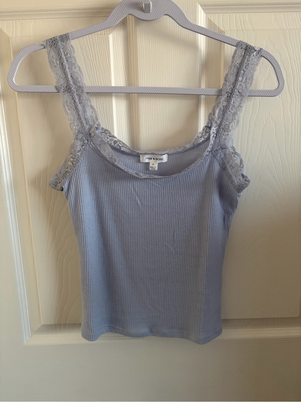 Pink Rose baby blue Ribbed Lace-Trim camisole